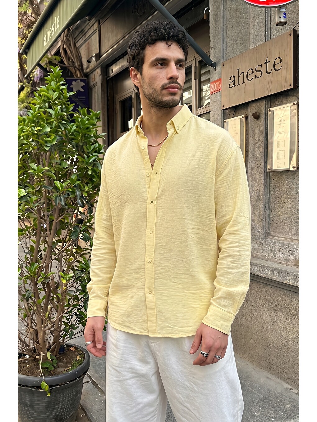 Sarı Napas Erkek Oversize Keten Görünümlü Gömlek-1