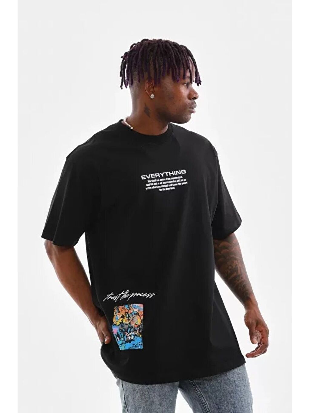 Unisex Bisiklet Yaka Baskılı Oversize T-Shirt - Siyah