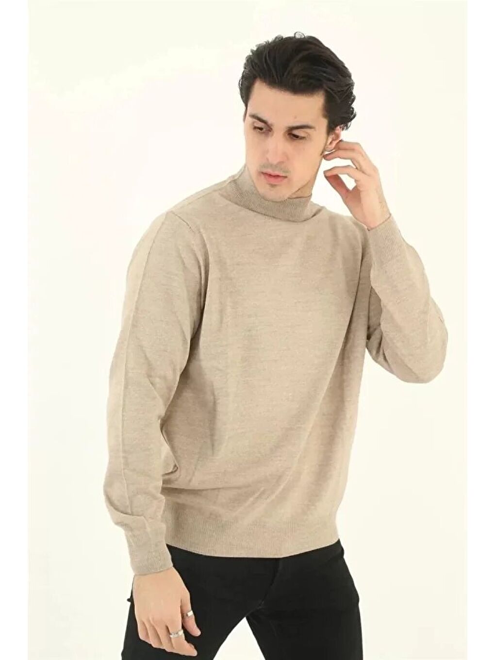 Erkek Yarım Balıkçı Yaka Triko Kazak - Bej-1