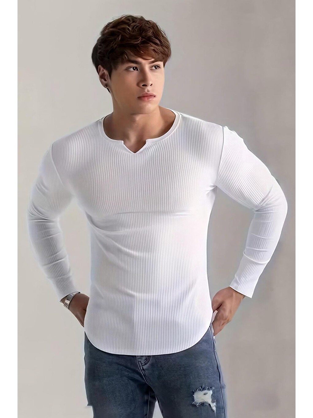Beyaz Neso Erkek Muscle Fit V-yaka Fitilli Uzun Kollu Tişört - Kaslı Ve Bir Görünüm İçin