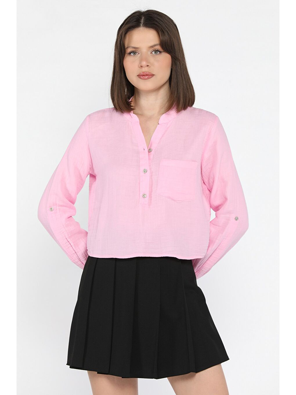 Pembe Kadın Hakim Yaka Tek Cepli Gömlek Bluz-1