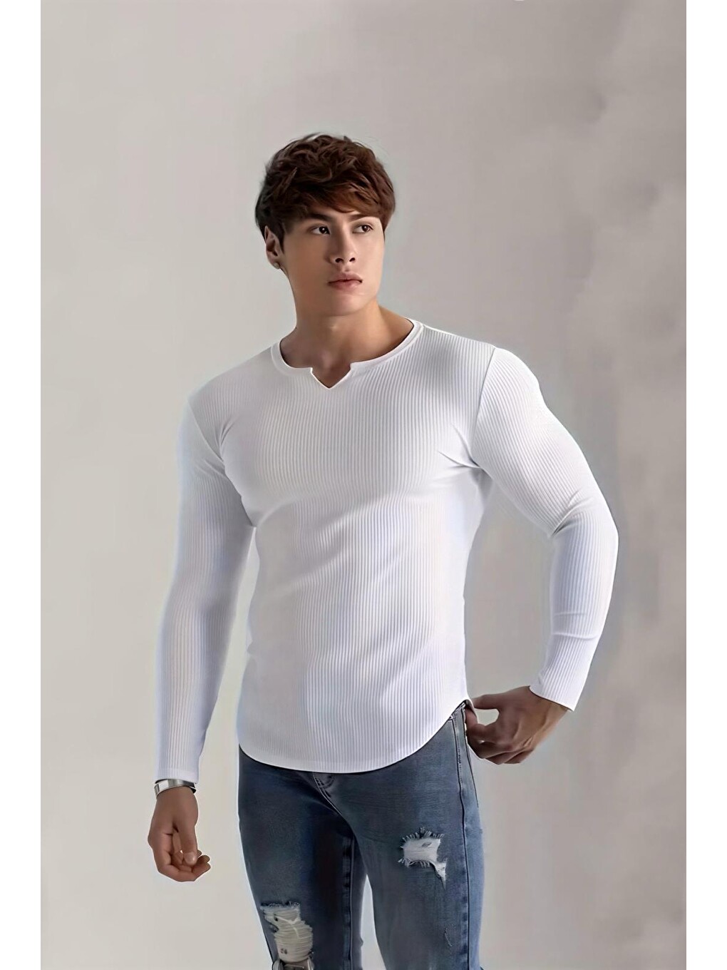 Beyaz Neso Erkek Muscle Fit V-yaka Fitilli Uzun Kollu Tişört - Kaslı Ve Bir Görünüm İçin-2