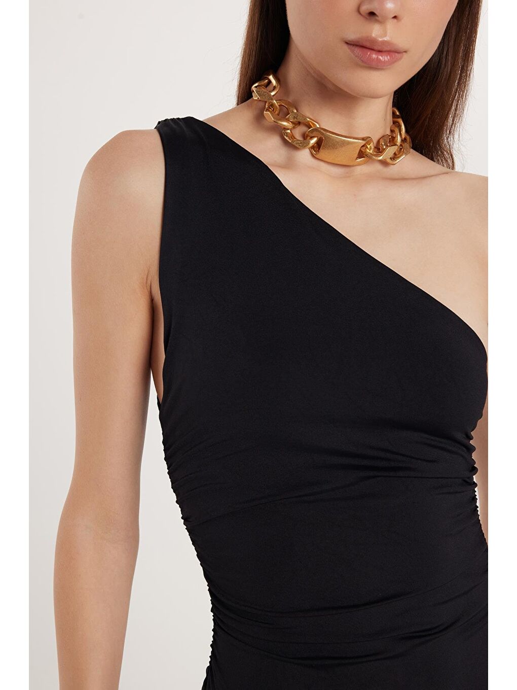 Kadın Slim Fit Dar Kesim Tek Omuz Uzun Siyah Elbise-2