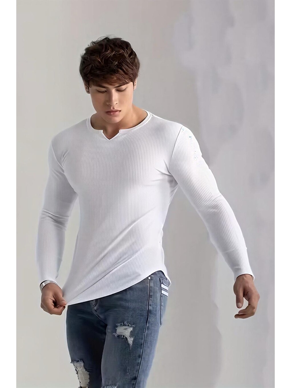 Beyaz Neso Erkek Muscle Fit V-yaka Fitilli Uzun Kollu Tişört - Kaslı Ve Bir Görünüm İçin-3