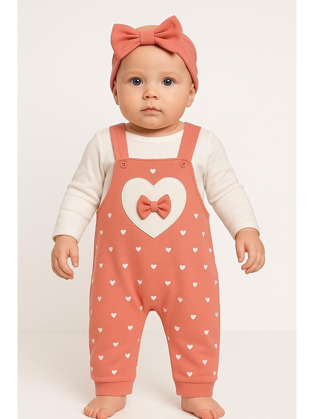Turuncu Kız Bebek Kalpli Fiyonk Detaylı Askılı Tulum Takım