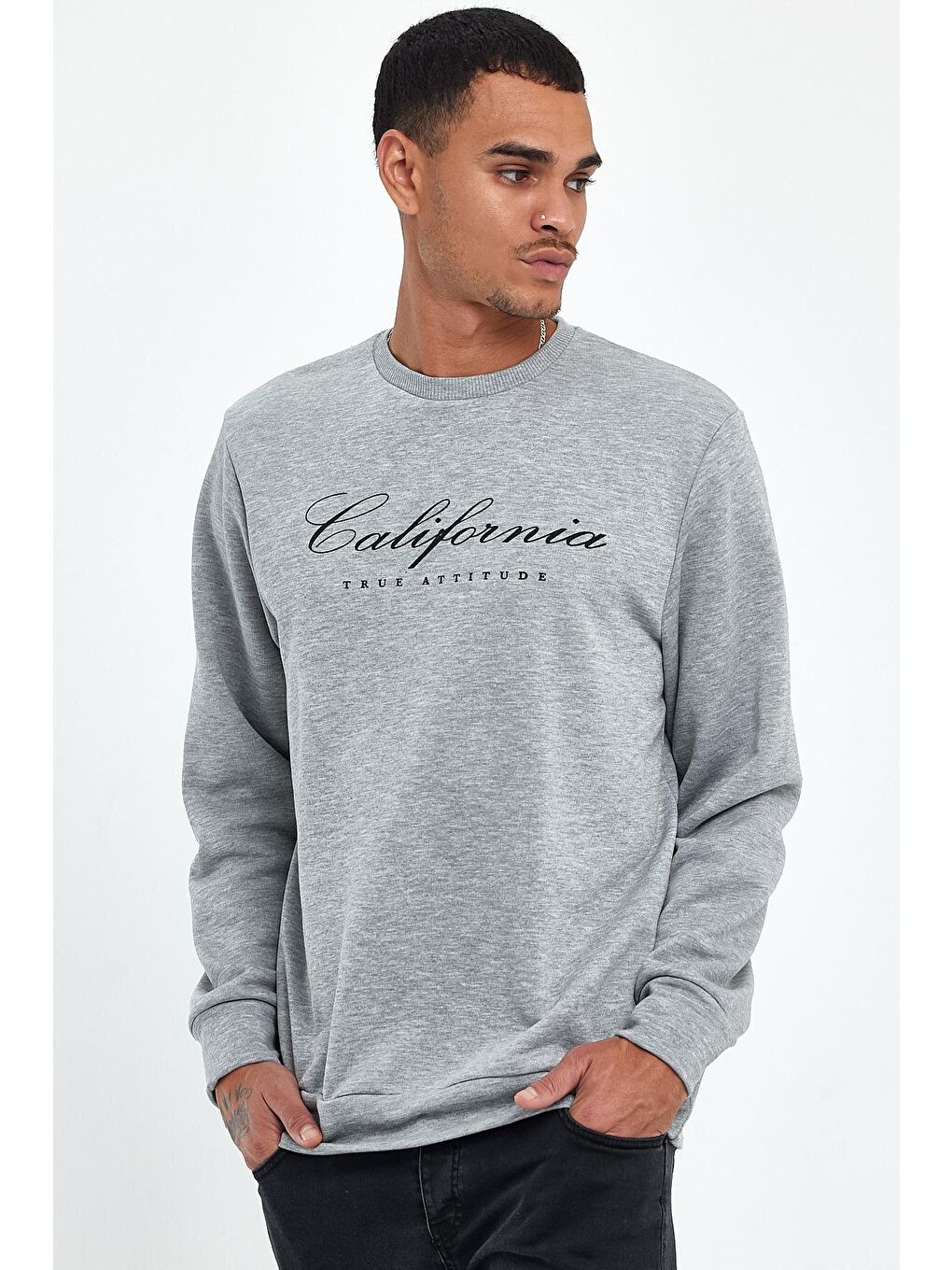 Gri Erkek Bisiklet Yaka Regular Fit 3 İplik Kalın California Baskılı Sweatshirt spr24sw28-4