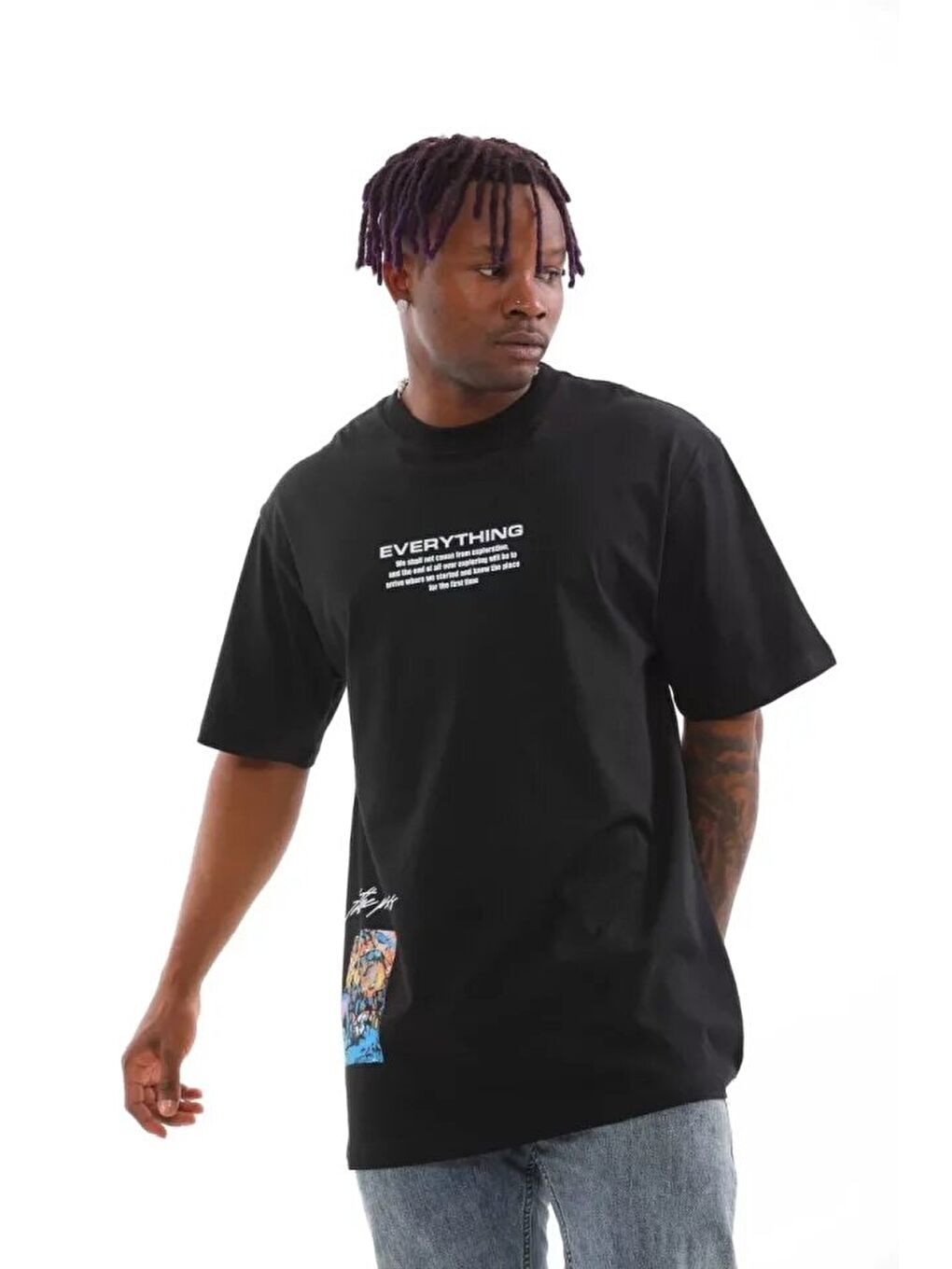 Unisex Bisiklet Yaka Baskılı Oversize T-Shirt - Siyah-1