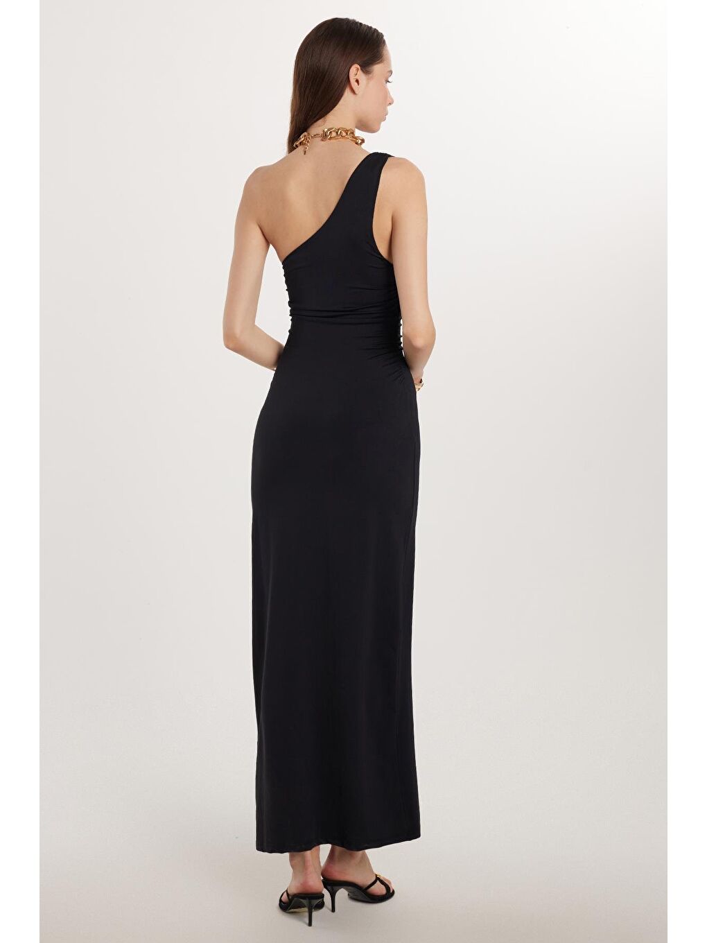 Kadın Slim Fit Dar Kesim Tek Omuz Uzun Siyah Elbise-4