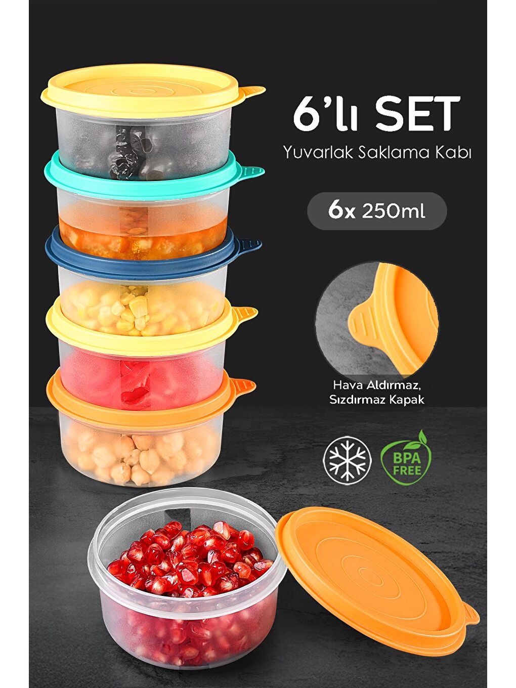 Karışık 6'lı Yuvarlak Gıda Saklama Kabı Seti 6x250 ml Renkli