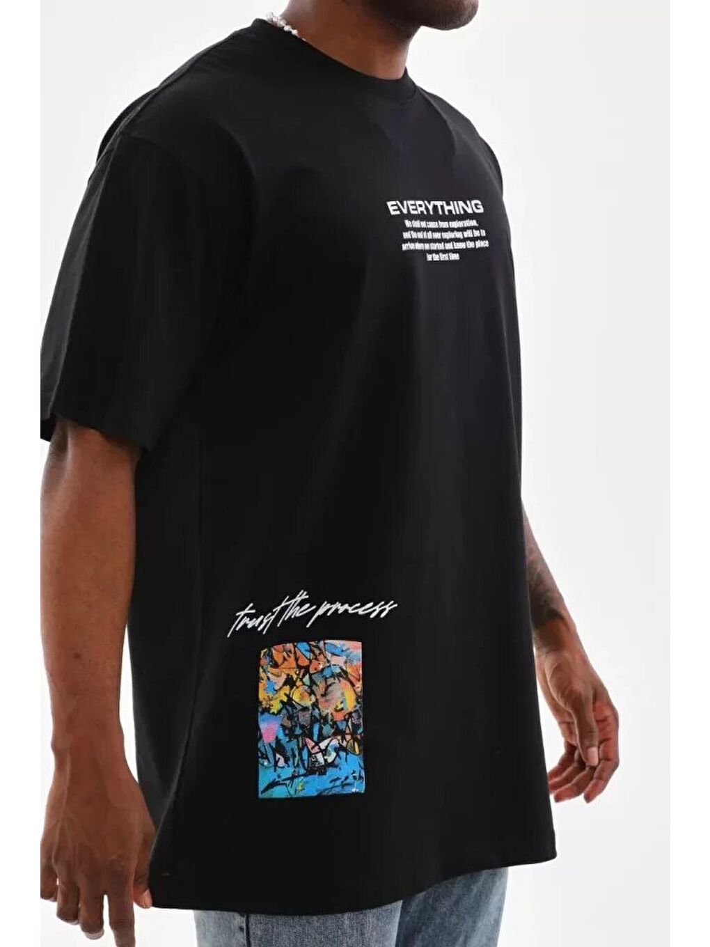 Unisex Bisiklet Yaka Baskılı Oversize T-Shirt - Siyah-2