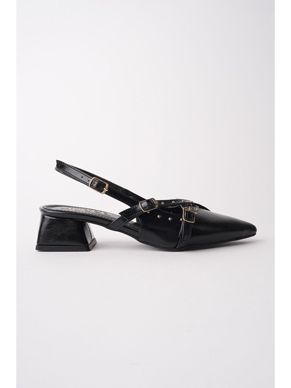 Siyah JOLY Sivri Burun Arkası Açık Metal Aksesuarlı Kadın Kısa Topuklu Ayakkabı-5