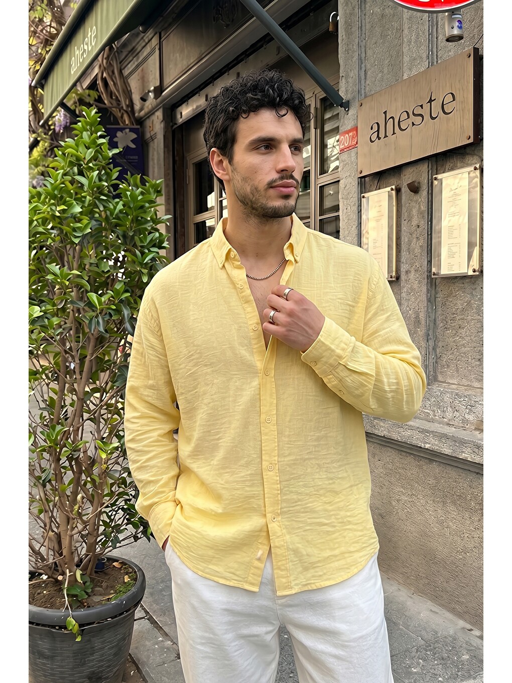 Sarı Napas Erkek Oversize Keten Görünümlü Gömlek-3