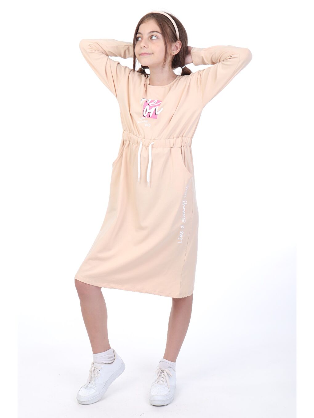 Bej Kız Çocuk Baskılı Elbise