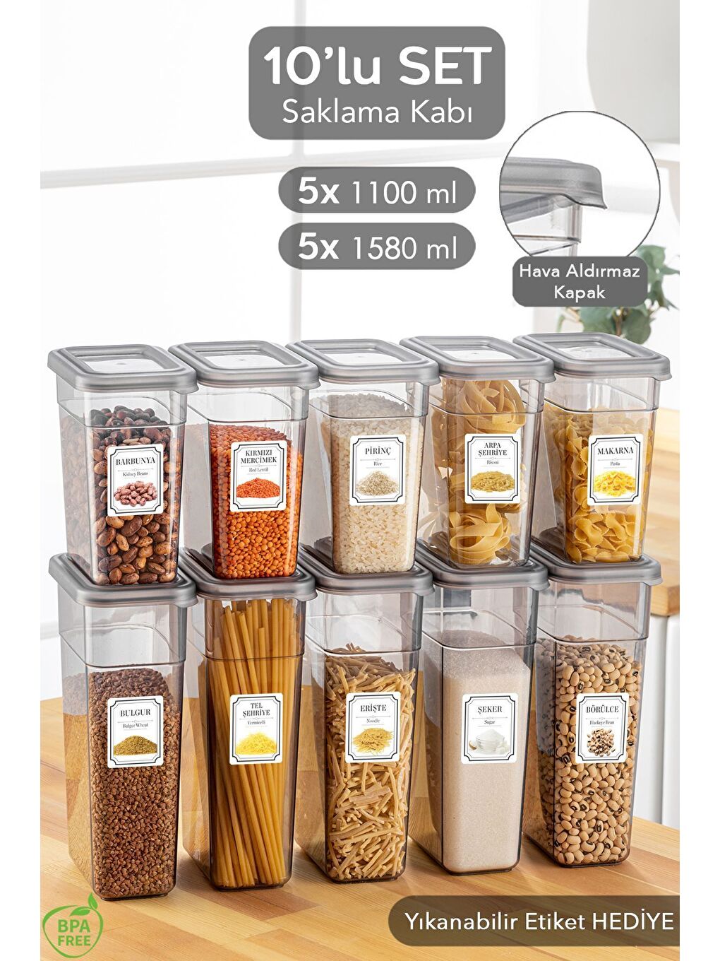 Gri 10'lu Sızdırmaz Kapaklı Erzak Saklama Kabı Seti Etiketli Bakliyat Kutusu 5x 1100 ml 1580 ml