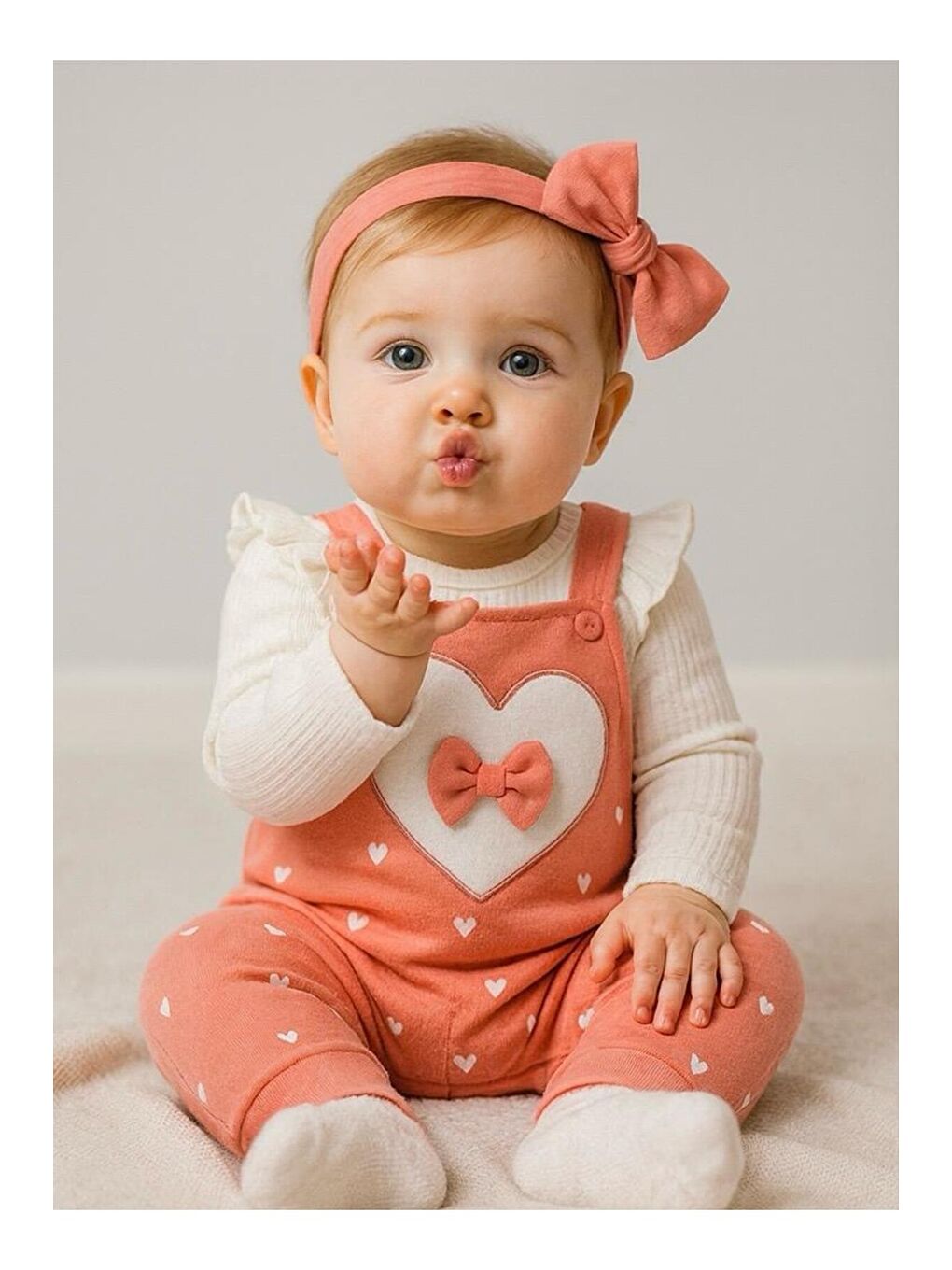 Turuncu Kız Bebek Kalpli Fiyonk Detaylı Askılı Tulum Takım-1