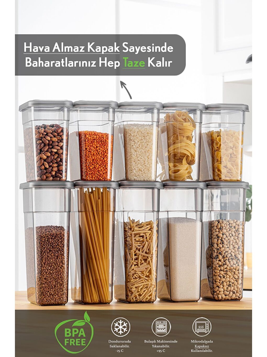 Gri 10'lu Sızdırmaz Kapaklı Erzak Saklama Kabı Seti Etiketli Bakliyat Kutusu 5x 1100 ml 1580 ml-1