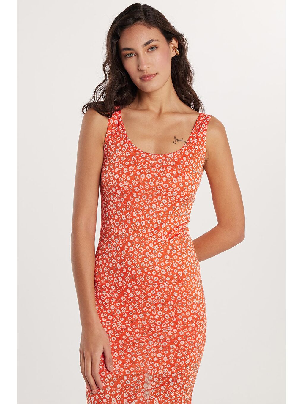 Karışık Kadın Slim Fit Dar Kesim Kalın Askılı U Yaka Baskılı Elbise-1