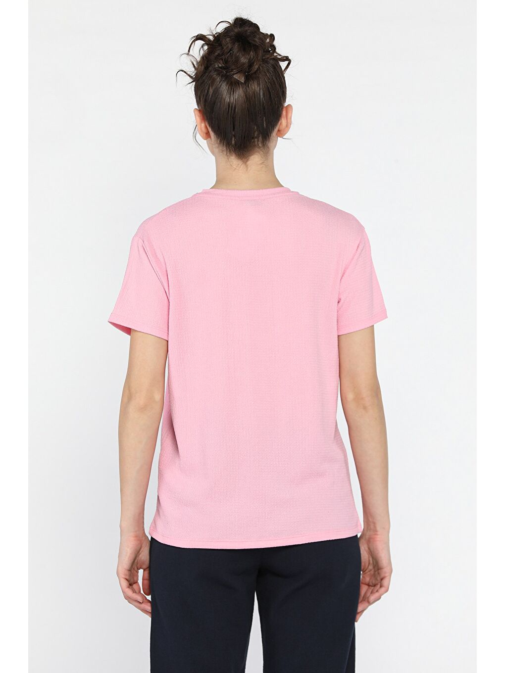 Pembe Kadın Bisiklet Yaka Basic Tişört-2