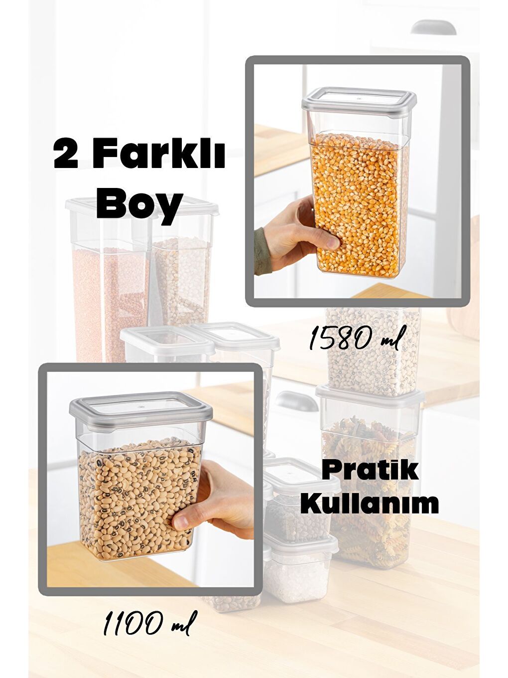 Gri 10'lu Sızdırmaz Kapaklı Erzak Saklama Kabı Seti Etiketli Bakliyat Kutusu 5x 1100 ml 1580 ml-2