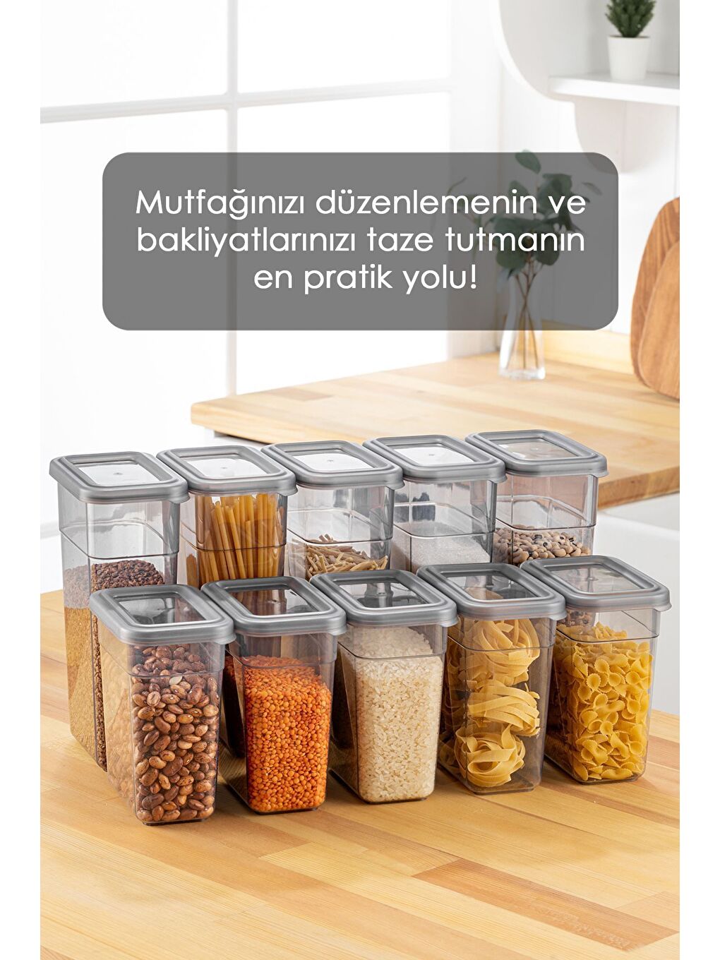 Gri 10'lu Sızdırmaz Kapaklı Erzak Saklama Kabı Seti Etiketli Bakliyat Kutusu 5x 1100 ml 1580 ml-3