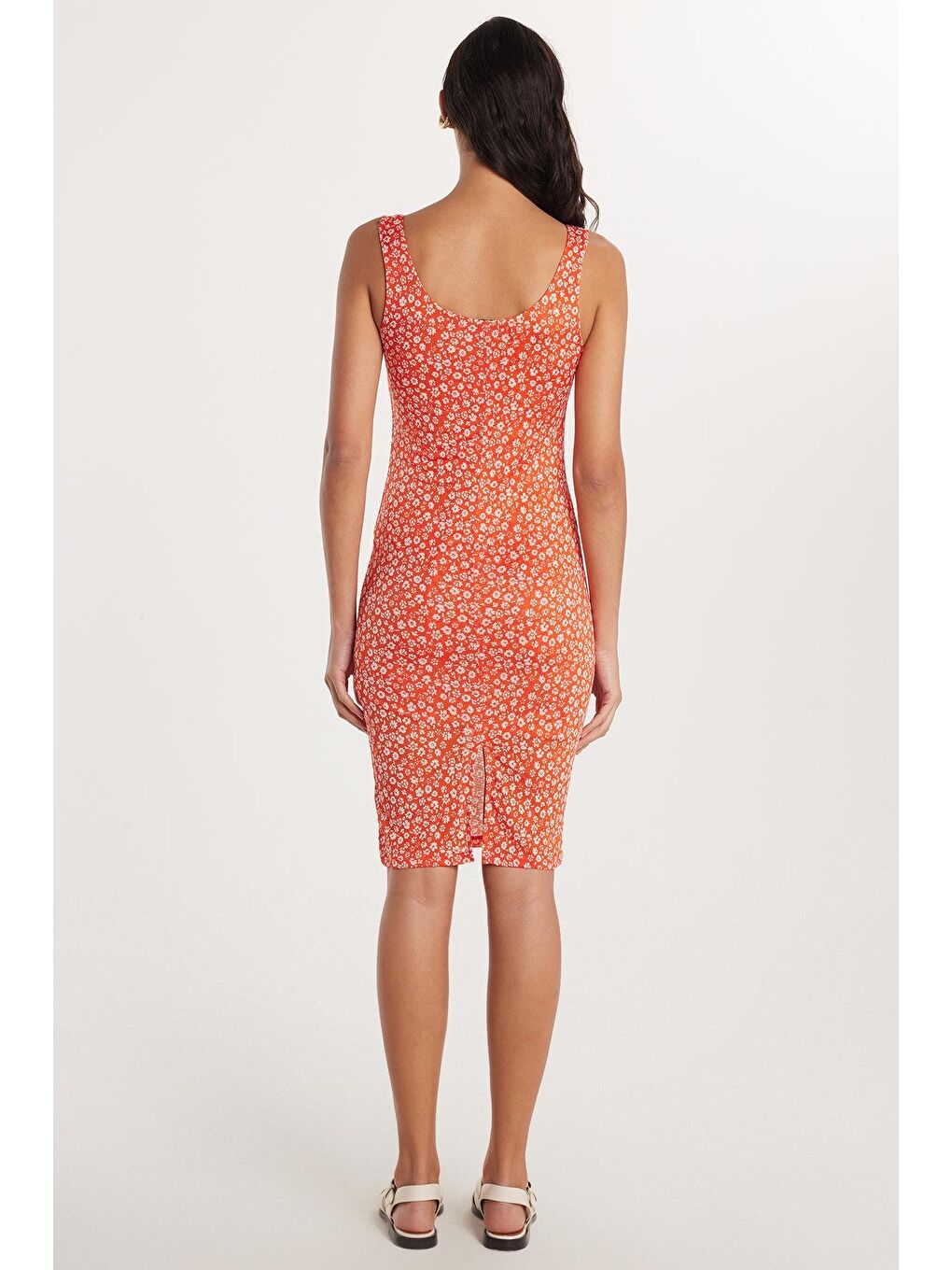 Karışık Kadın Slim Fit Dar Kesim Kalın Askılı U Yaka Baskılı Elbise-4