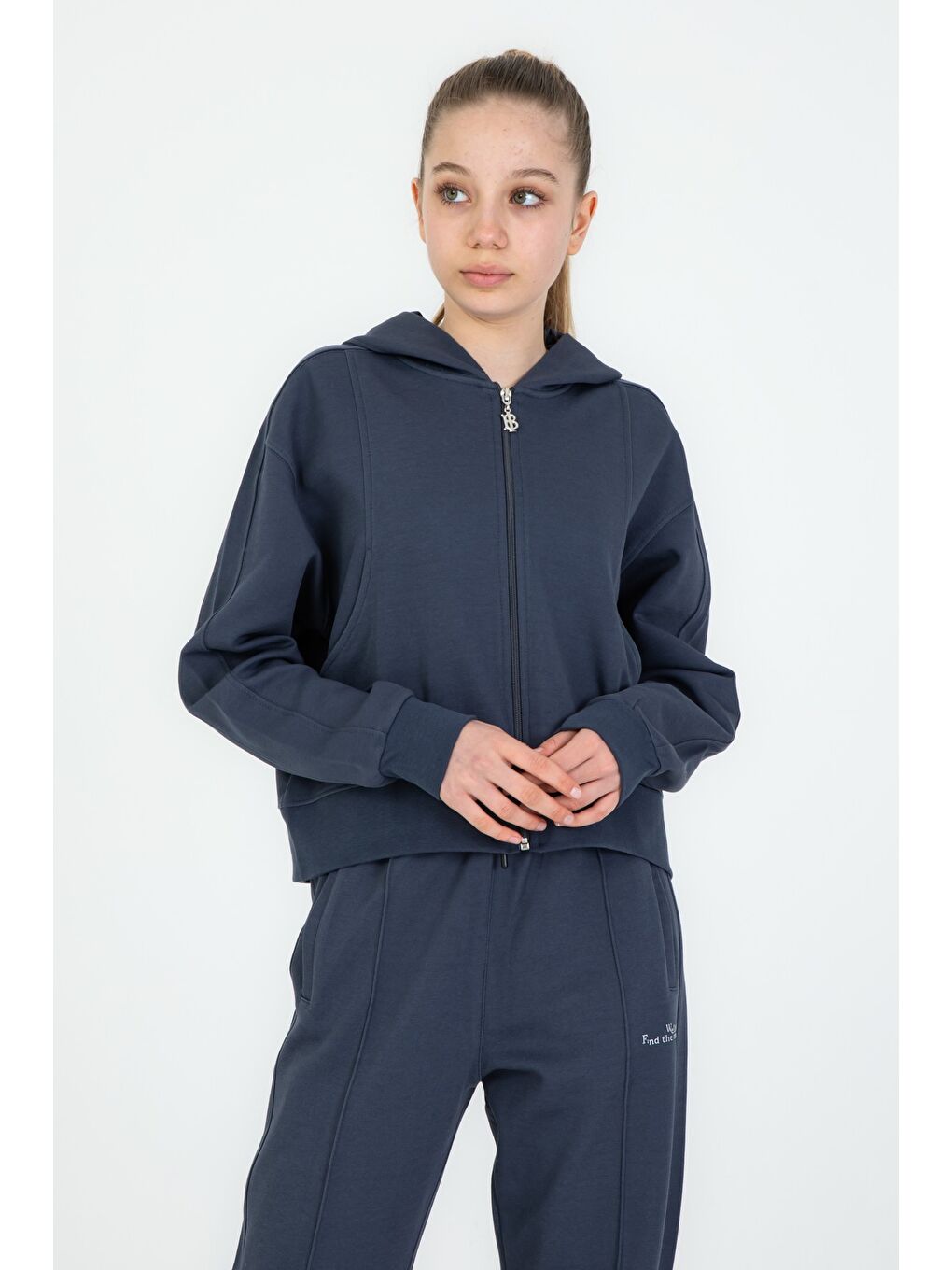 Pembe Kız Çocuk Kapüşonlu Fermuarlı Ayarlanabilir Bel Eşofman Takım-3