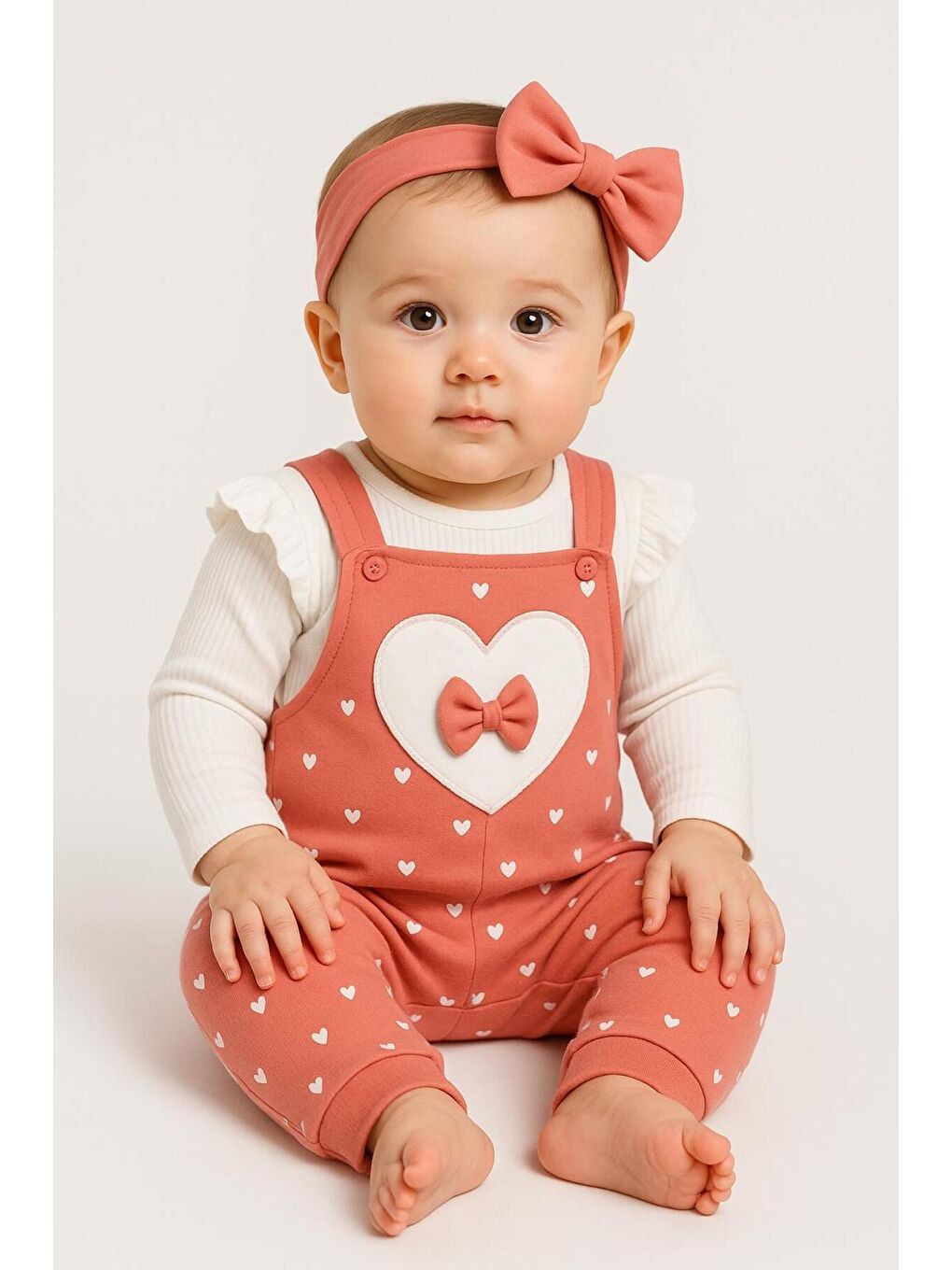 Turuncu Kız Bebek Kalpli Fiyonk Detaylı Askılı Tulum Takım-2