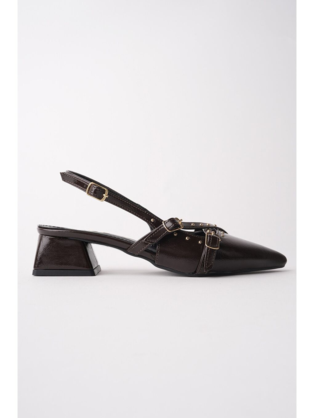 Kahverengi JOLY Sivri Burun Arkası Açık Metal Aksesuarlı Kadın Kısa Topuklu Ayakkabı-3