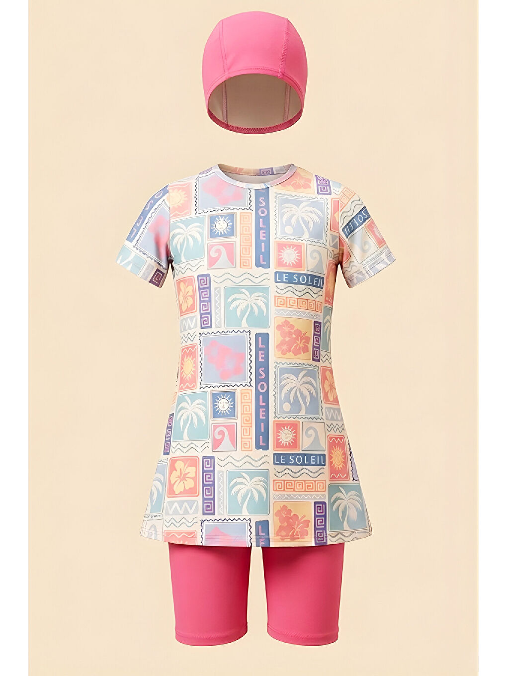 Karışık Kız Çocuk 3'lü Mayo Takımı (Tunik Boy Kısa Kollu Üst+Diz Boy Alt ve Bone) 7-16 Yaş 12592B