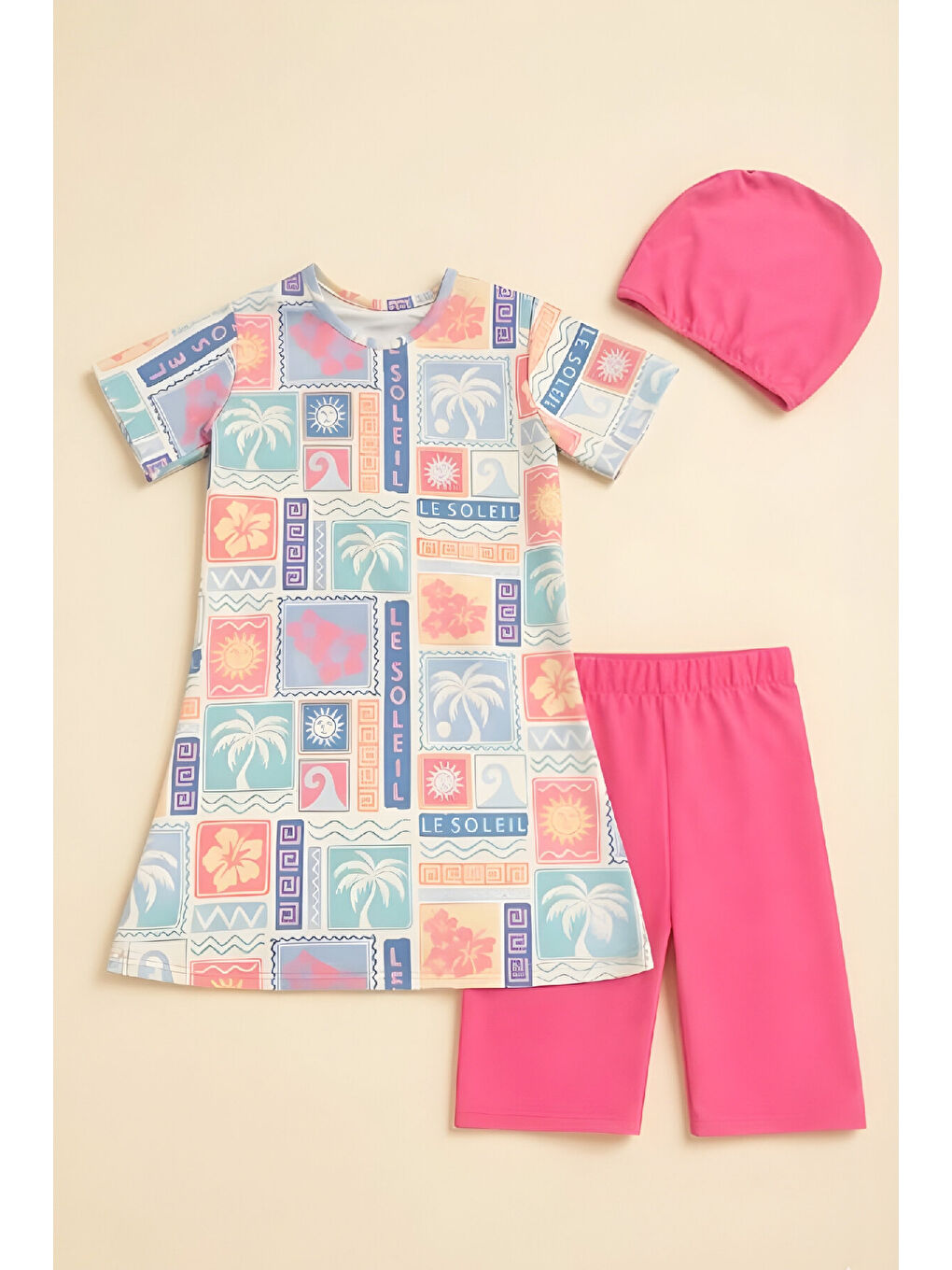 Karışık Kız Çocuk 3'lü Mayo Takımı (Tunik Boy Kısa Kollu Üst+Diz Boy Alt ve Bone) 7-16 Yaş 12592B-1