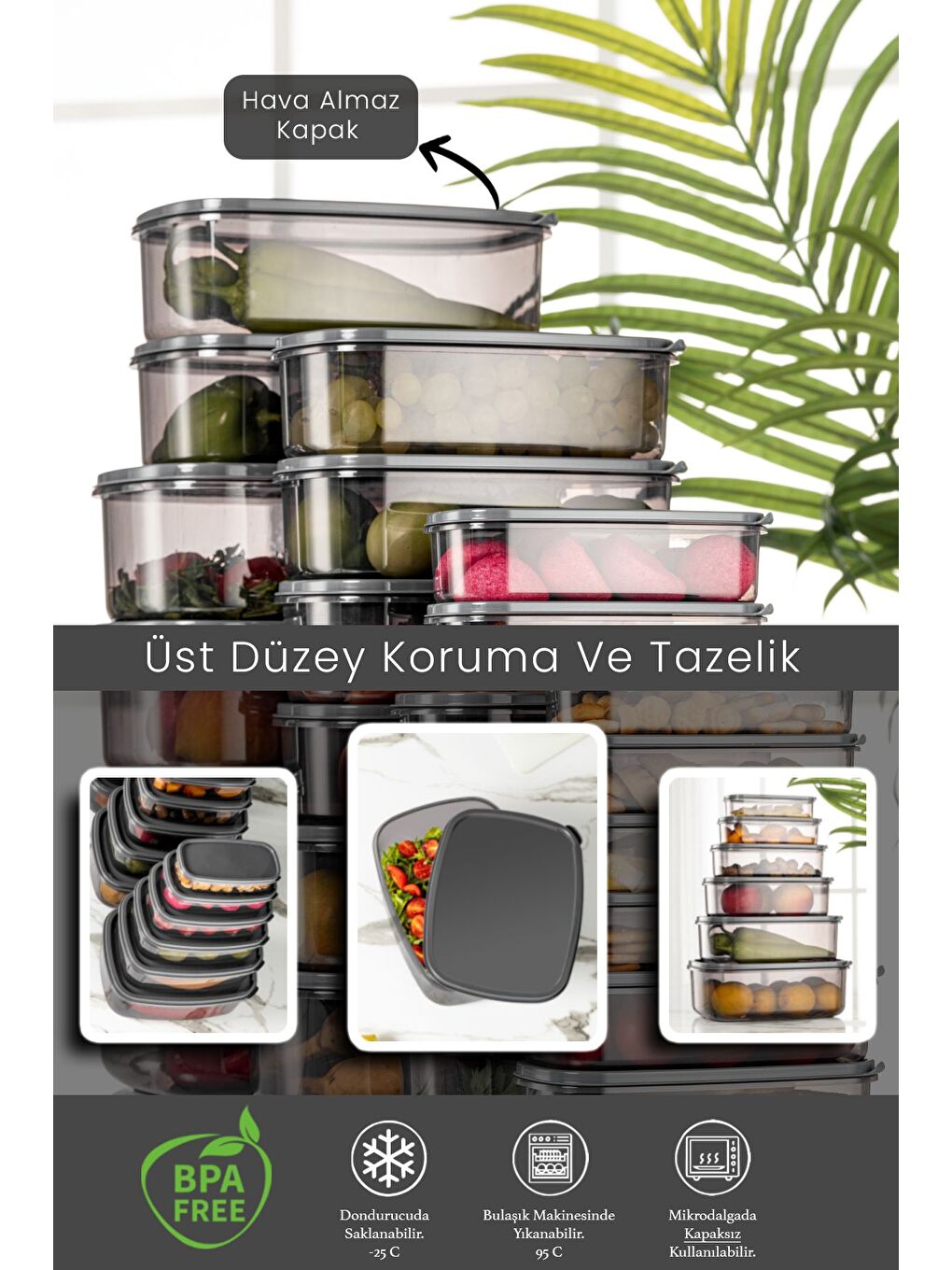 Antrasit 6'lı Dikdörtgen Sweet Şeffaf Saklama Kabı Seti Platin Serisi-2