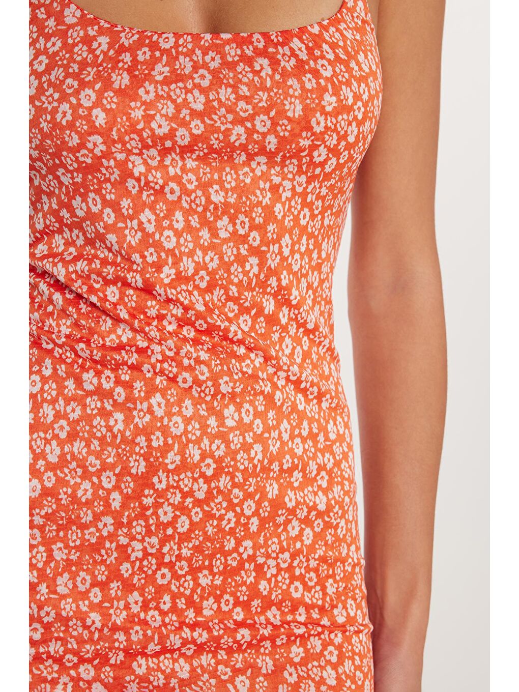 Karışık Kadın Slim Fit Sıfır Kol Turuncu Desenli Midi Elbise-2