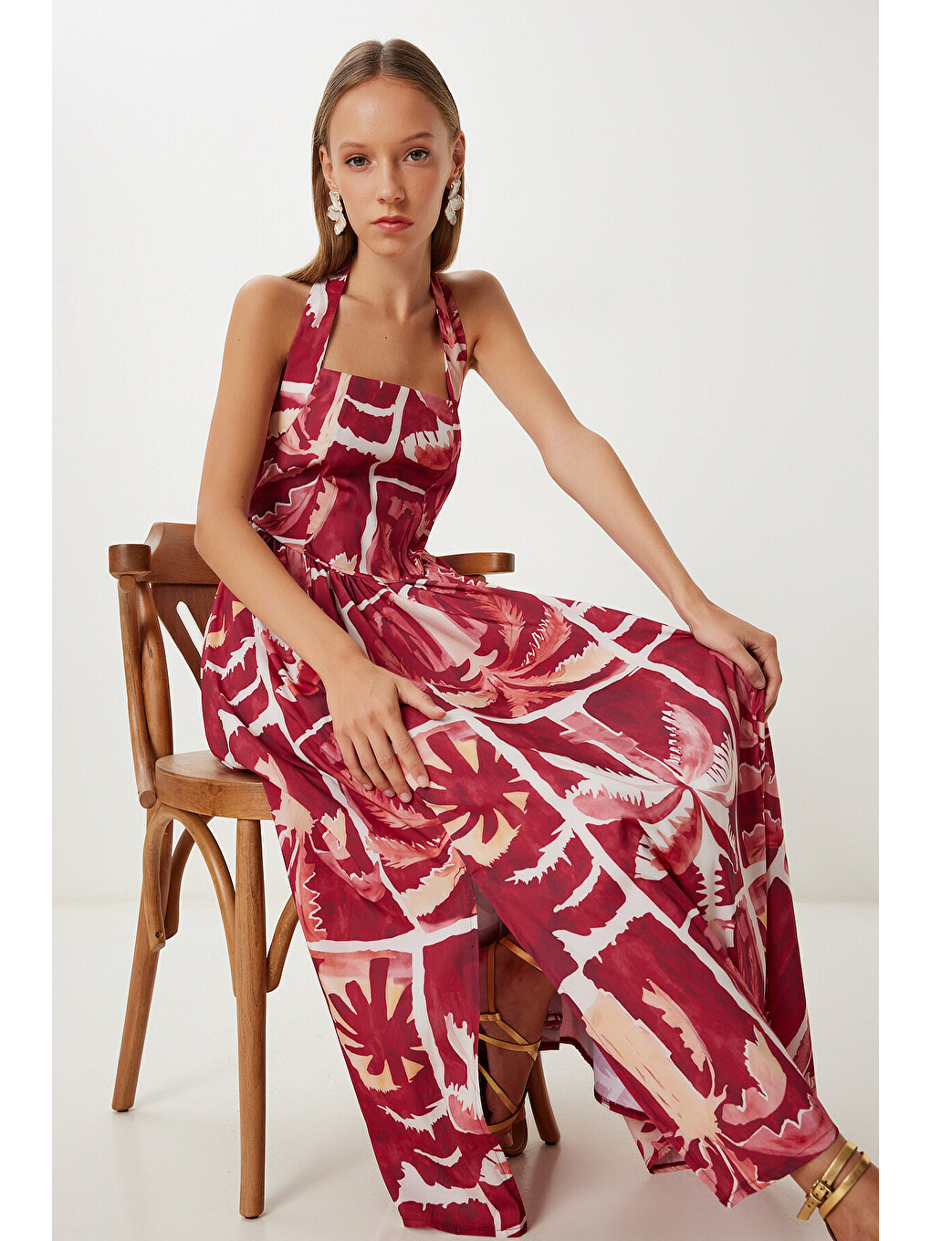 Bordo Desenli Yazlık Midi Poplin Elbise BORDO SARI LUB0139