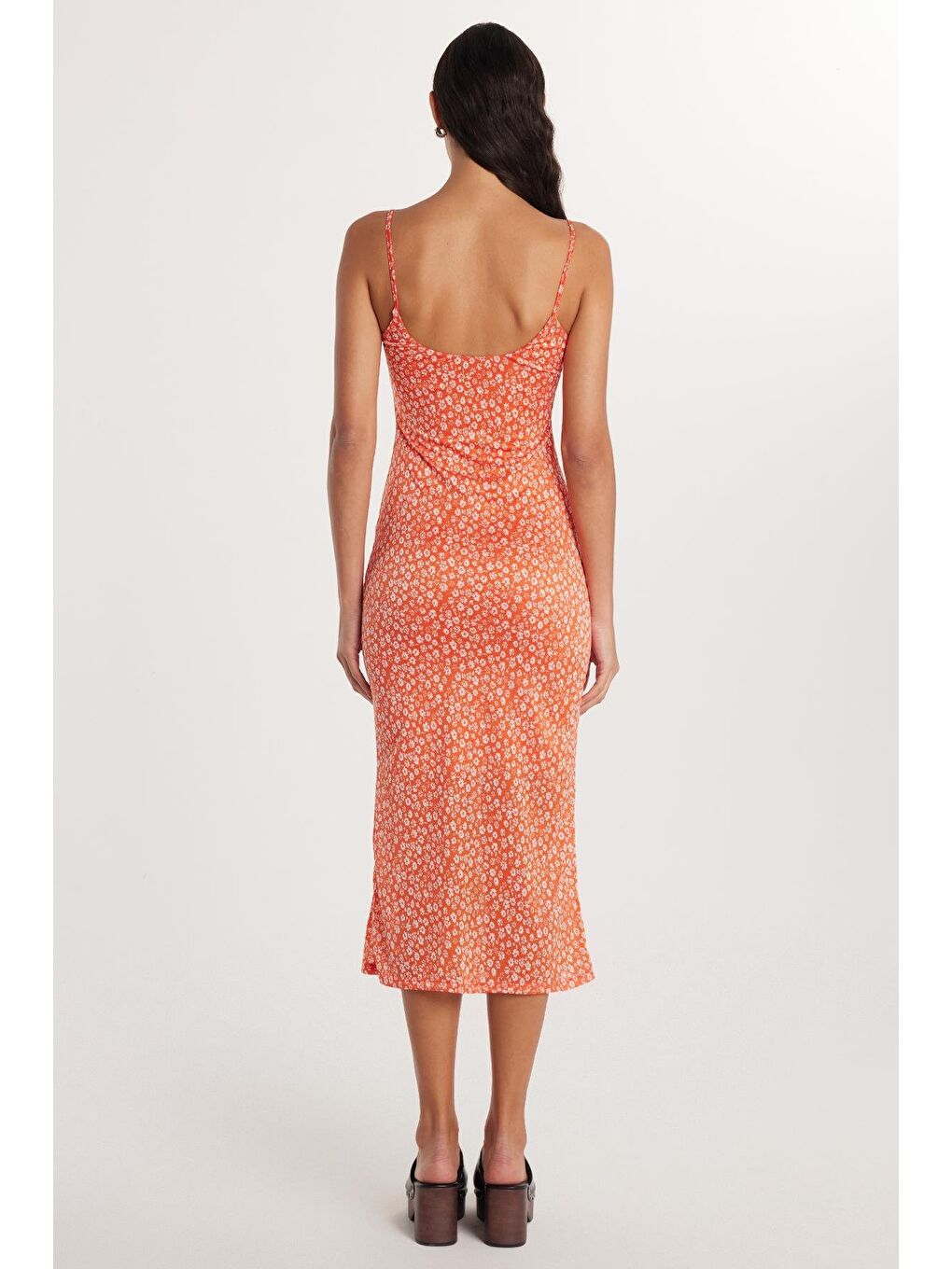 Karışık Kadın Slim Fit Sıfır Kol Turuncu Desenli Midi Elbise-4