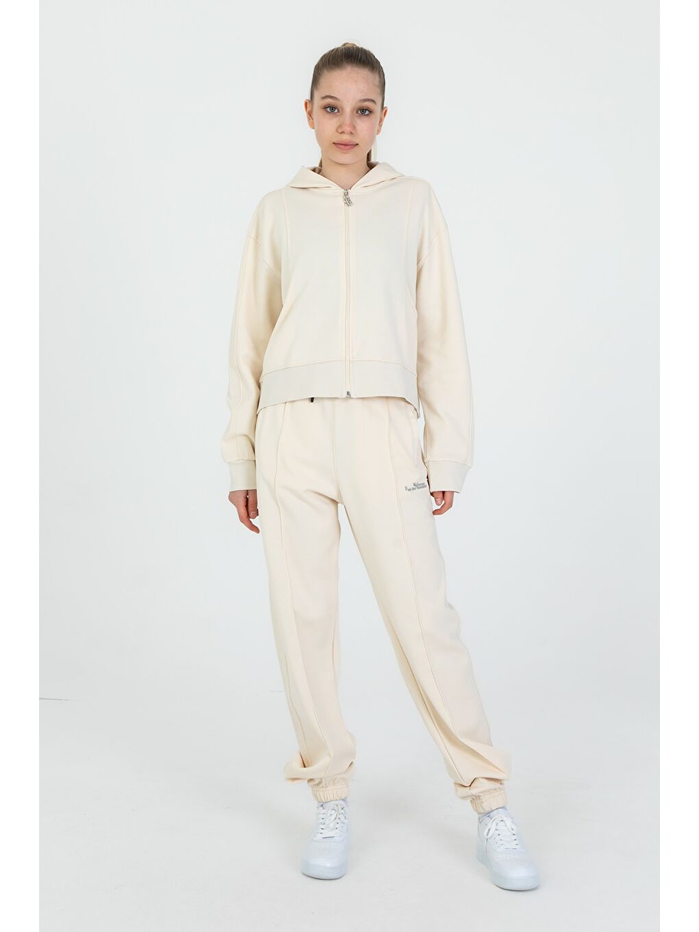 Ekru Kız Çocuk Kapüşonlu Fermuarlı Ayarlanabilir Bel Eşofman Takım