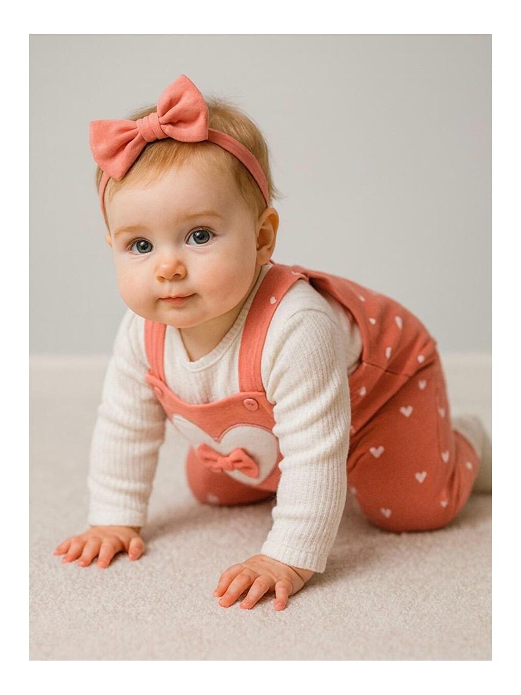 Turuncu Kız Bebek Kalpli Fiyonk Detaylı Askılı Tulum Takım-4