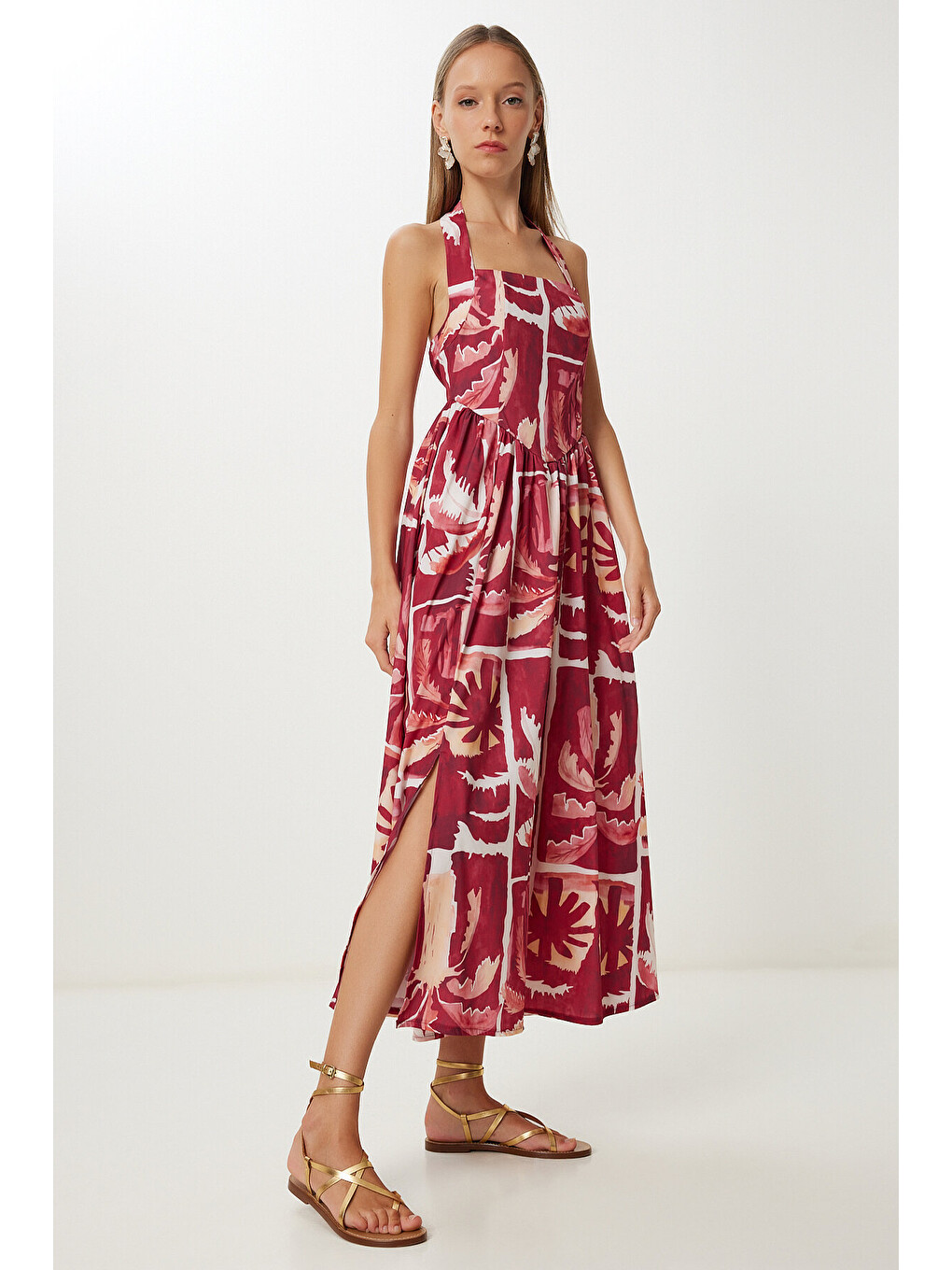 Bordo Desenli Yazlık Midi Poplin Elbise BORDO SARI LUB0139-3