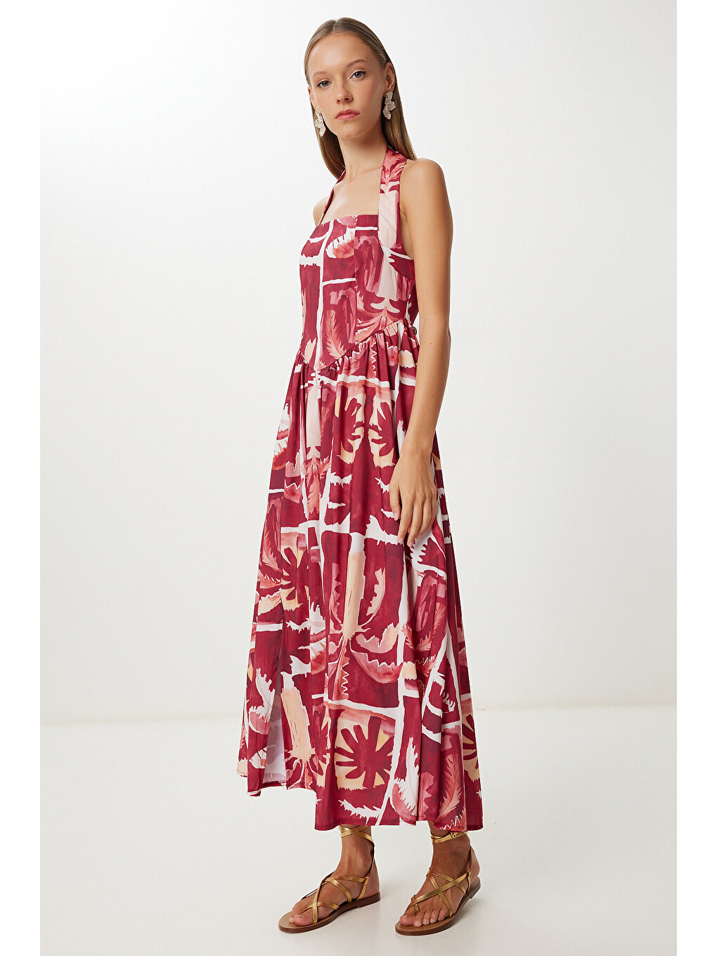 Bordo Desenli Yazlık Midi Poplin Elbise BORDO SARI LUB0139-4
