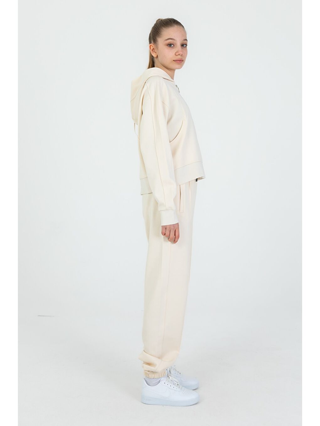 Ekru Kız Çocuk Kapüşonlu Fermuarlı Ayarlanabilir Bel Eşofman Takım-1
