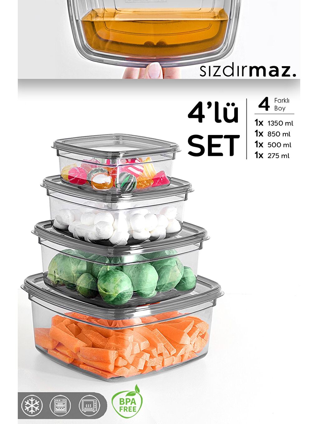 4'lü Kare Sızdırmaz Saklama Kabı Seti Düzenleyici Erzak Kabı 1x 275 500 850 1350 ml Antrasit