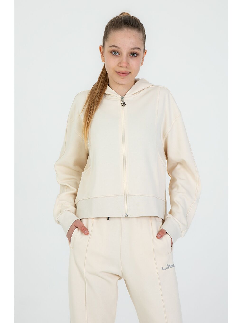 Ekru Kız Çocuk Kapüşonlu Fermuarlı Ayarlanabilir Bel Eşofman Takım-2