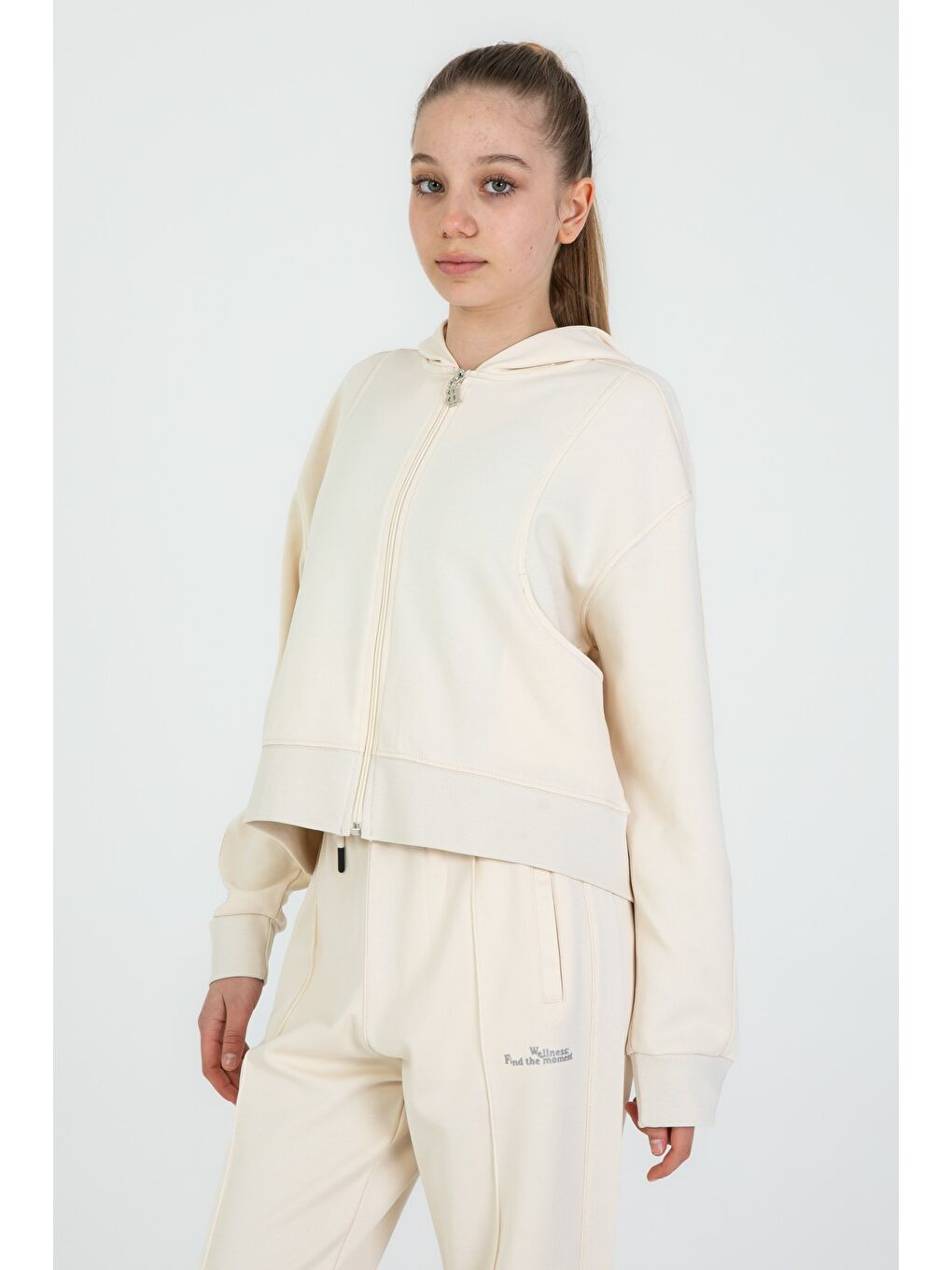 Ekru Kız Çocuk Kapüşonlu Fermuarlı Ayarlanabilir Bel Eşofman Takım-3