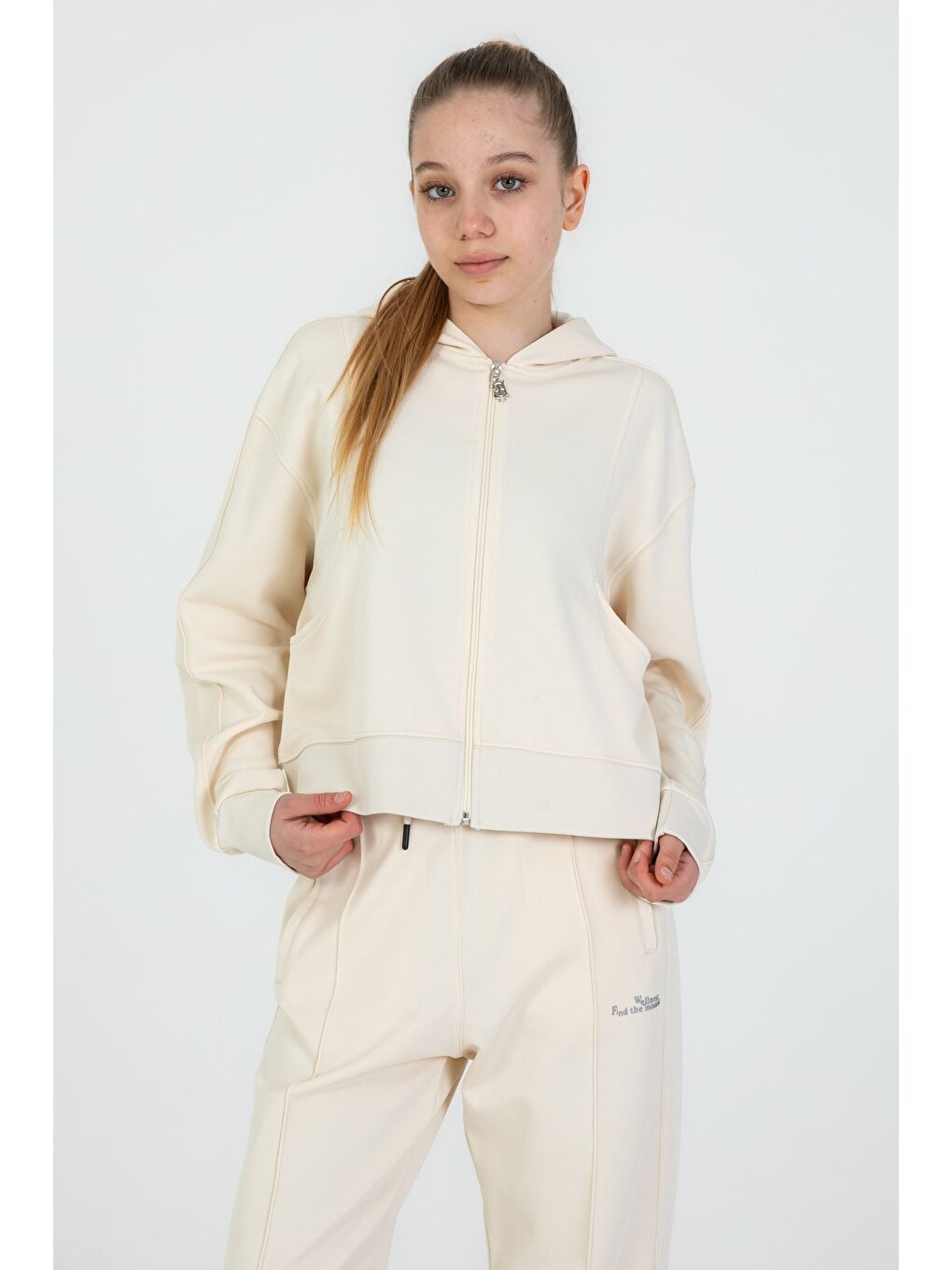 Ekru Kız Çocuk Kapüşonlu Fermuarlı Ayarlanabilir Bel Eşofman Takım-4