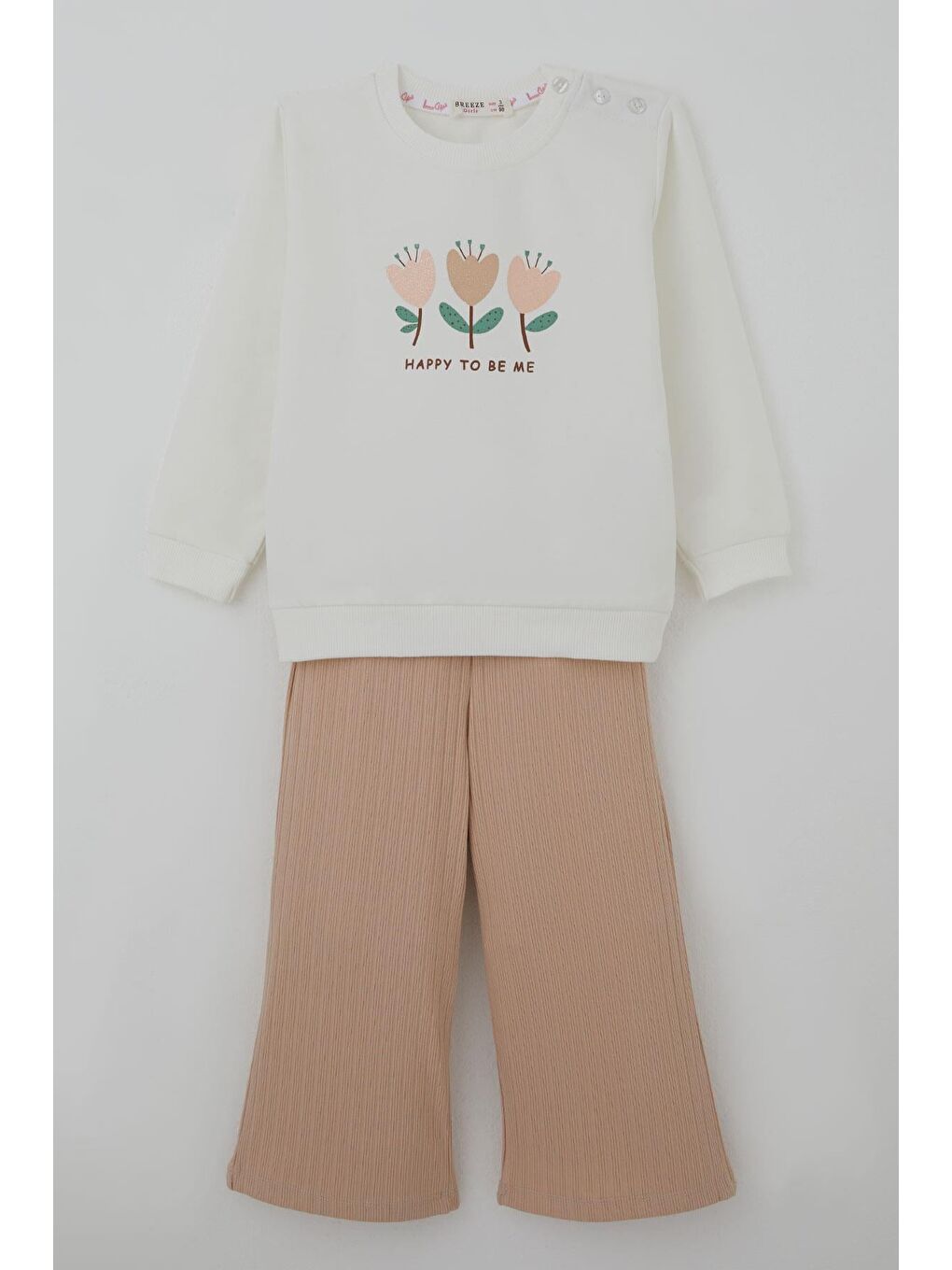 Kız Çocuk Takım Özgüven Temalı Pırıltılı Laleler Baskılı Ekru (1.5-5 Yaş)
