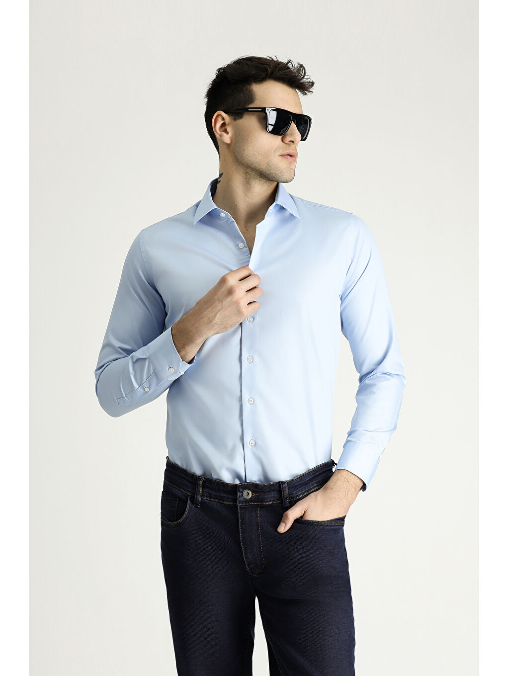 Mavi Uzun Kol Slim Fit Dar Kesim Pamuklu Non Iron Saten Klasik Gömlek-1