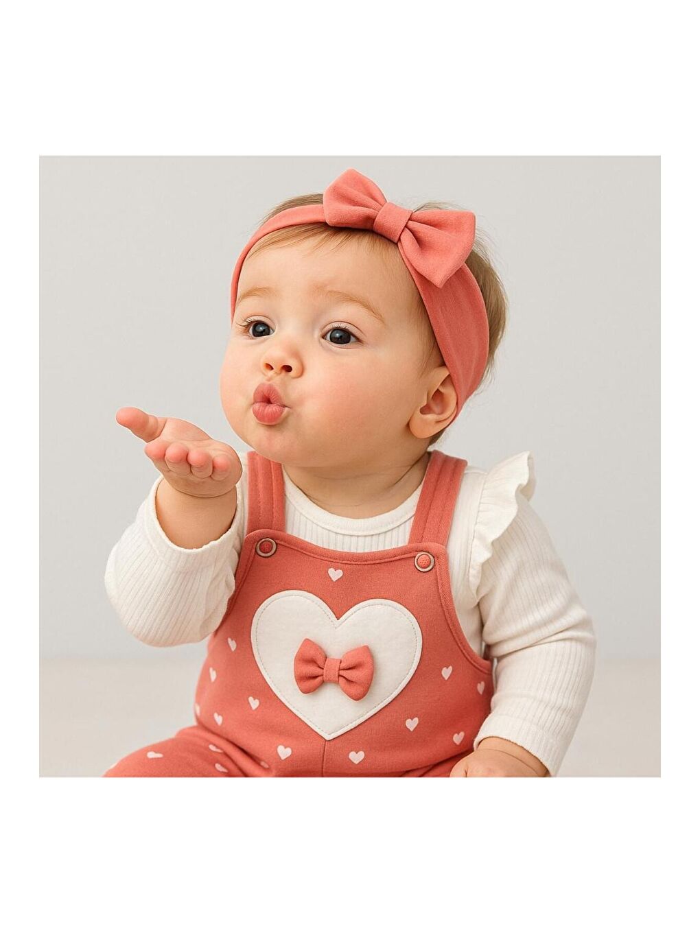Turuncu Kız Bebek Kalpli Fiyonk Detaylı Askılı Tulum Takım-5
