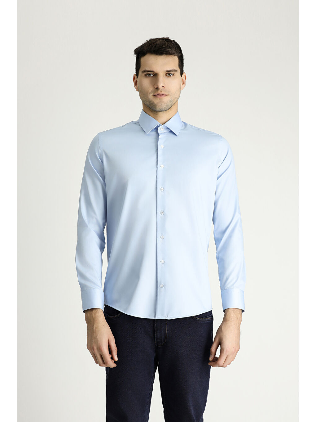 Mavi Uzun Kol Slim Fit Dar Kesim Pamuklu Non Iron Saten Klasik Gömlek-2