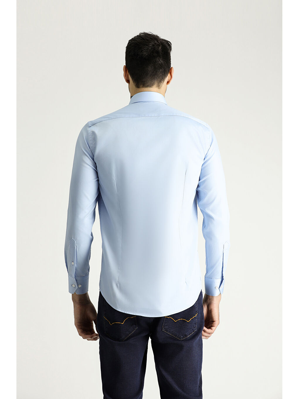 Mavi Uzun Kol Slim Fit Dar Kesim Pamuklu Non Iron Saten Klasik Gömlek-3