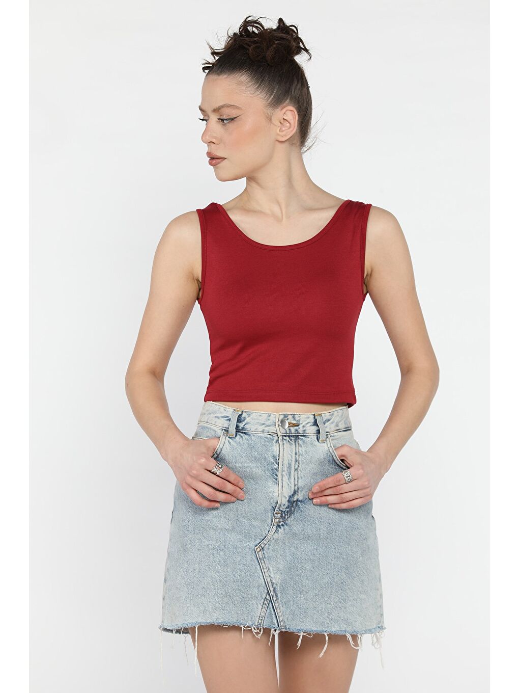 Bordo Kadın Kalın Askılı Kaşkorse Crop Top Bluz-1