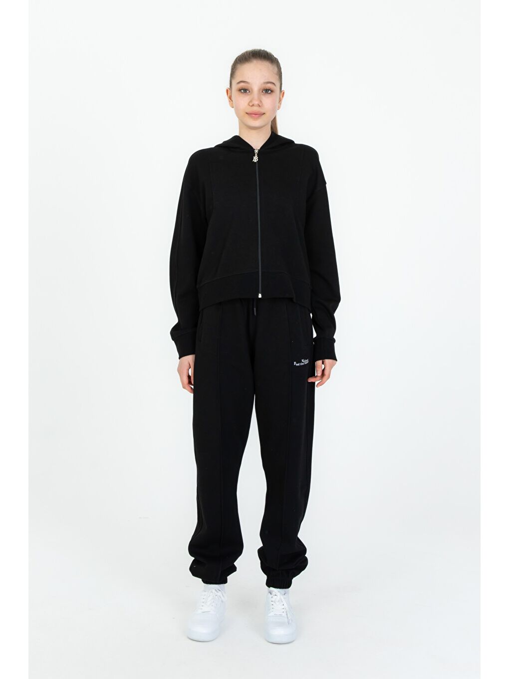 Siyah Kız Çocuk Kapüşonlu Fermuarlı Ayarlanabilir Bel Eşofman Takım
